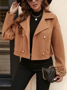SHEIN LUNE Double Breasted Drop Shoulder Pocket Patched Overcoat - Camel - View 1