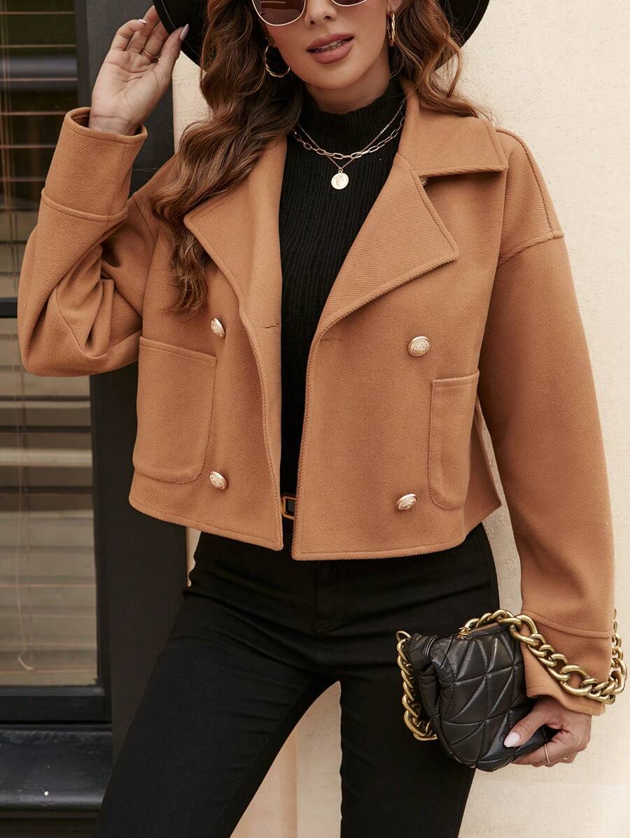 SHEIN LUNE Double Breasted Drop Shoulder Pocket Patched Overcoat - Camel - View 1