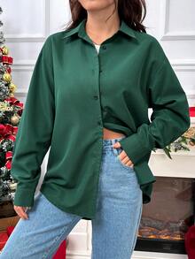 SHEIN Unity 標語圖案落肩袖襯衫 - 綠色 - 查看 6