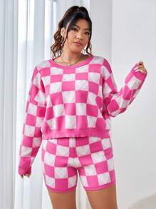 SHEIN EZwear Plus Checker Pattern Drop Shoulder Sweater & Knit Shorts