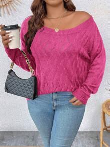 Calvaya 加大码落肩镂空针织毛衣，适合冬季和秋季穿着 - 玫紅色 - 查看 5