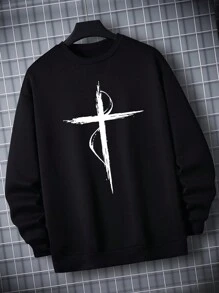 Men Graphic Print Thermal Lined Sweatshirt - Black - View 4