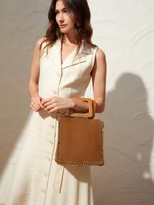 SHEIN VCAY 女士們簡約風&時尚PU皮革拼貼手拿包帶多功能設計 - 駝色 - 查看 8