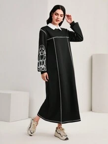 Mulvari 花卉印花撞色領燈籠袖洋裝 - 黑色 - 查看 5