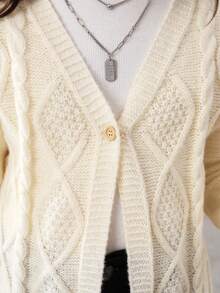 SHEIN Tween Girl Drop Shoulder Cable Knit Duster Cardigan - Apricot - View 5