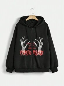 SHEIN EZwear 加大码万圣节印花拉链落肩抽绳卫衣 - 黑色 - 查看 1