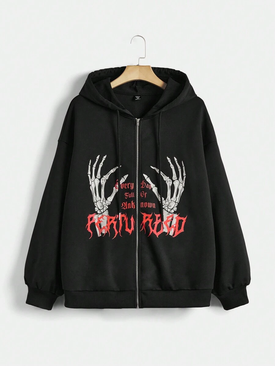 SHEIN EZwear 加大码万圣节印花拉链落肩抽绳卫衣 - 黑色 - 查看 1