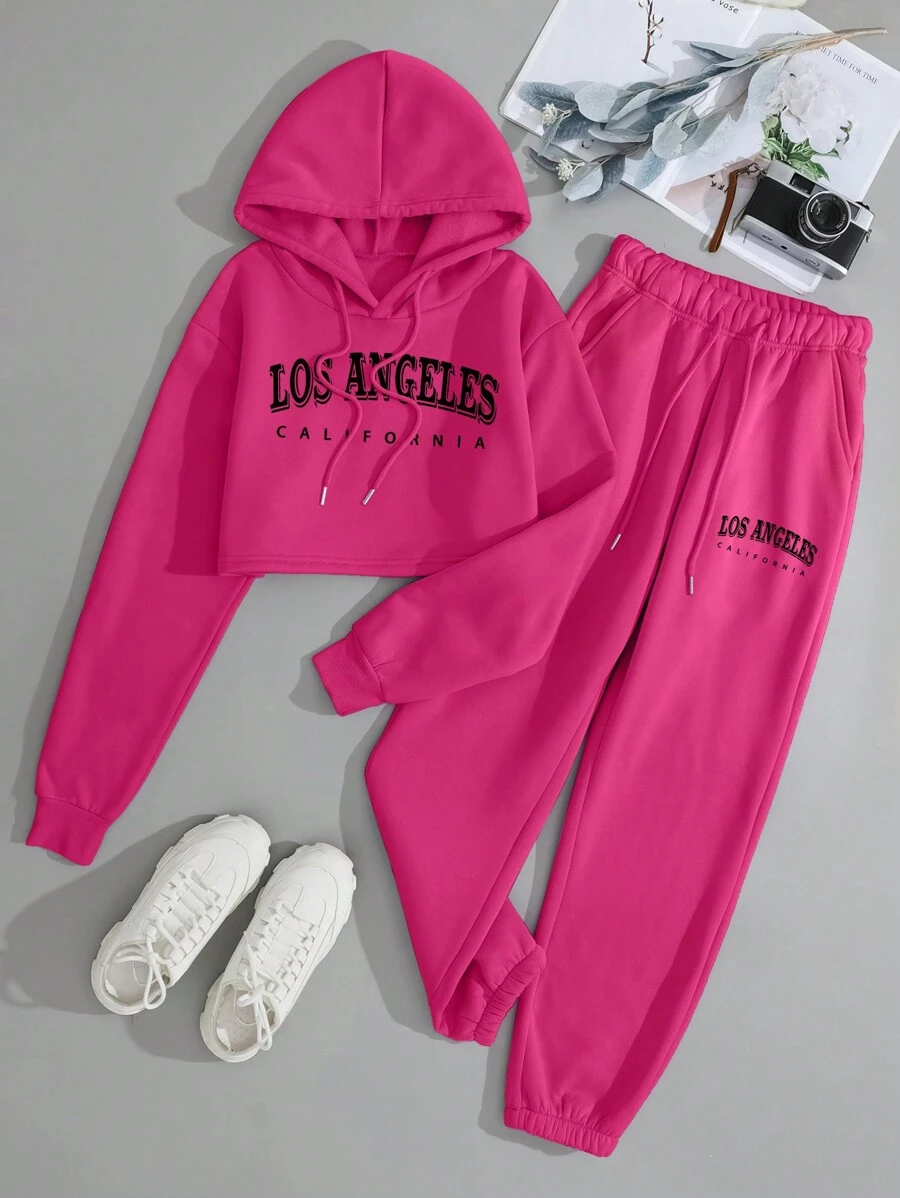 SHEIN EZwear Letter Graphic Drawstring Thermal Lined Hoodie & Sweatpants - Hot Pink - View 1