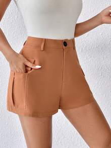 SHEIN LUNE Flap Pocket Side Cargo Shorts Without Belt - Brown - View 3