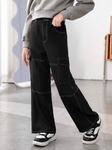 Tween Girls' Woven Solid Color Wide Leg Pants With Loose Fit And Double Patch Pockets - Black - View 4