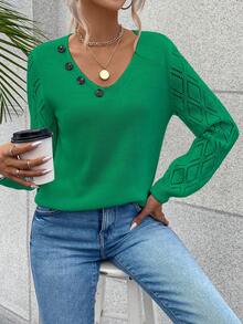 SHEIN Essnce Button Detail V Neck Sweater - Green - View 3