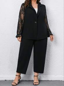 SHEIN CURVE+ 大碼蕾絲拼接西裝外套和褲子 - 黑色 - 查看 5