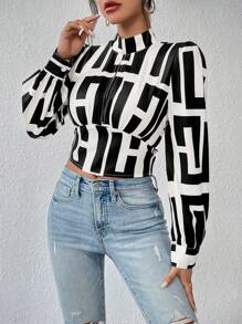 SHEIN Unity 幾何印花領帶露背小高領襯衫 - 彩色 - 查看 4