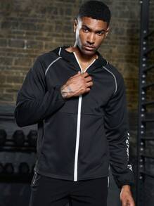 Manfinity Sport Corelite Boyfriend Style Men Letter Graphic Contrast Piping Raglan Sleeve Hooded Sports Jacket Workout Tops Sports Jacket - Black - View 3