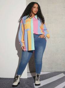 SHEIN CURVE+ 大碼條紋印花落肩袖襯衫 - 彩色 - 查看 4