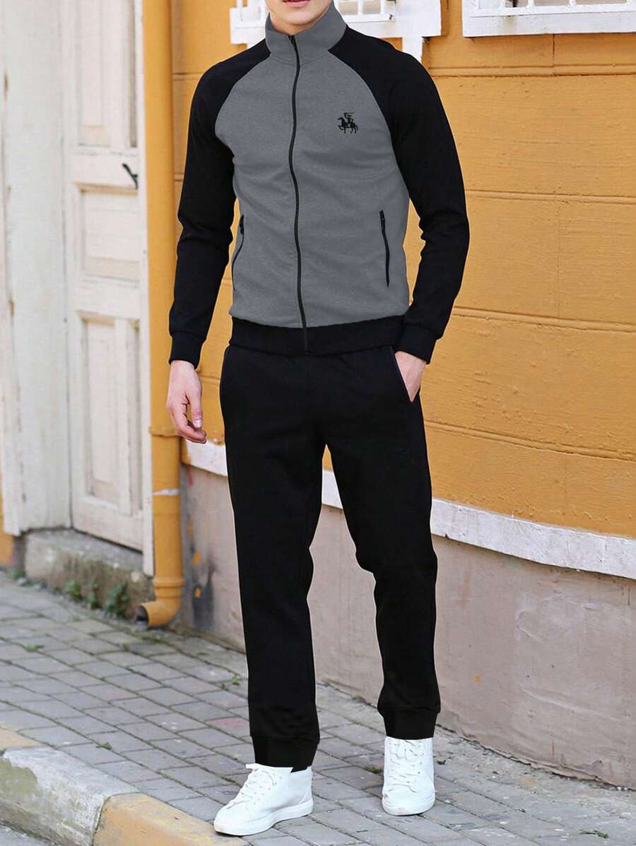 Manfinity Homme 男式图形拼色插肩袖夹克和运动裤运动服，男士运动服，男士两件套，男士慢跑服，男士休闲两件套，秋季服装