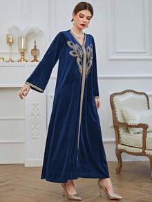 Embroidery Contrast Trim Belted Kaftan Dress - Navy Blue - View 4