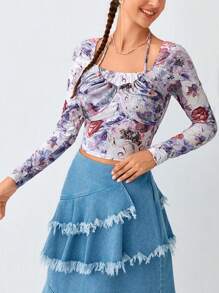 Soleia Camiseta corta con estampado floral y lazo en la espalda