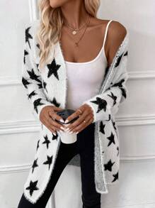 SHEIN LUNE 星星图案落肩开衫 - 白色 - 查看 4