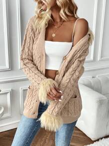 SHEIN LUNE Fuzzy Cuff Cable Knit Belted Cardigan With Belt - Apricot - View 6