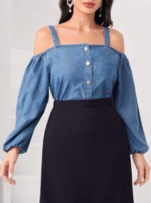 SHEIN Privé Cold Shoulder Lantern Sleeve Denim Top - Medium Wash - View 4