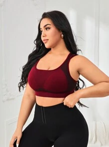 大碼網紗拼接工字運動型胸罩 - 酒紅色 - 查看 6