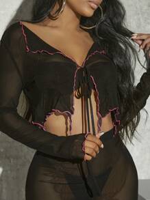 Hauture Lettuce Trim Top & Ruffle Pants Two Piece Set - Black - View 3