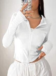 SHEIN EZwear 拉鏈開襟條紋針織短夾克 - 白色 - 查看 1