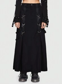 ROMWE Grunge Punk Solid Buckle Detail Fold Pleated Skirt - Black - View 4