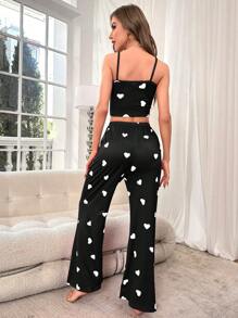 Heart Print Lace Trim Cami Top & Pants PJ Set / Pajama Set - Black - View 2