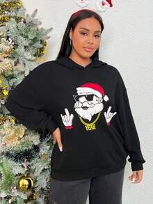 SHEIN EZwear 加大码圣诞印花落肩卫衣 - 黑色 - 查看 5