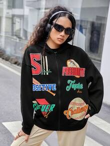 Áo nỉ nữ tuổi teen kiểu dáng trễ vai, có khóa kéo, in chữ, in hình. - màu đen - Xem 7