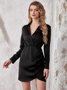 Solid Wrap Hem Cocktail Dress - Black - View 6