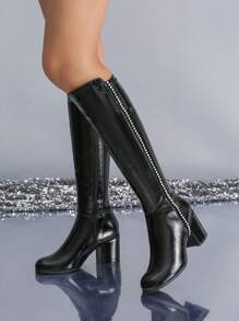 Women's Fashionable Black Rhinestone Decor Chunky Heel High-knee Boots With Side Zipper - Black - View 6
