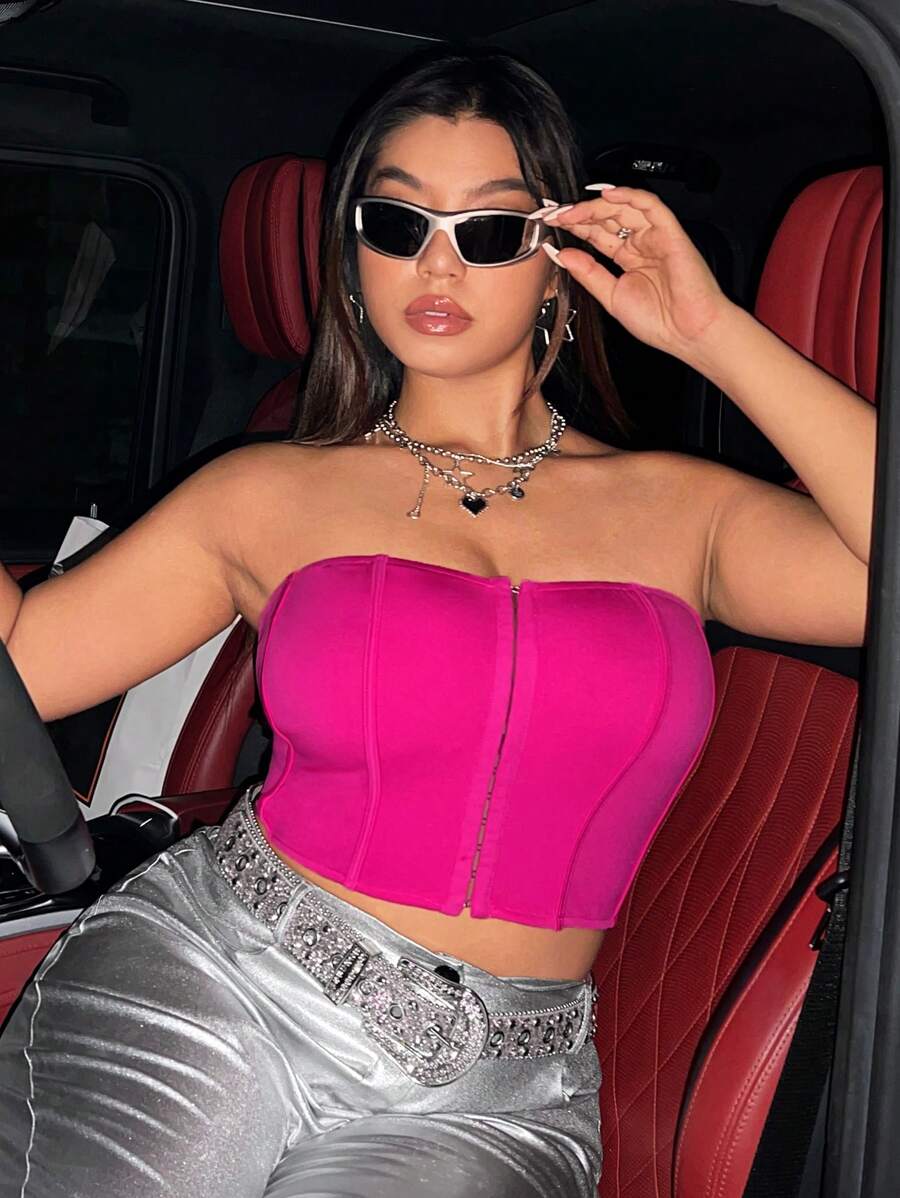 SHEIN ICON Plus Solid Crop Tube Top - Hot Pink - View 1