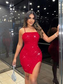 SHEIN SXY Vestido de malla roja con tirantes, pliegues y abertura en la pierna