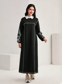 Mulvari 花卉印花撞色領燈籠袖洋裝 - 黑色 - 查看 6