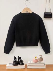 SHEIN Tween Girl Pearls Beaded Twist Hem Sweater - Black - View 2