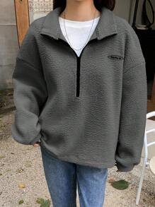 DAZY Thư được vá Một nửa khóa kéo Thả vai Teddy Áo nỉ - Màu xám đen - Xem 2