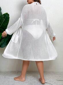 SHEIN Swim Curve Summer Plus Size Drop Shoulder Pocket Patched Open Front Kimono