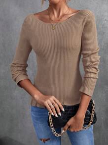 SHEIN Clasi Boat Neck Ribbed Knit Sweater