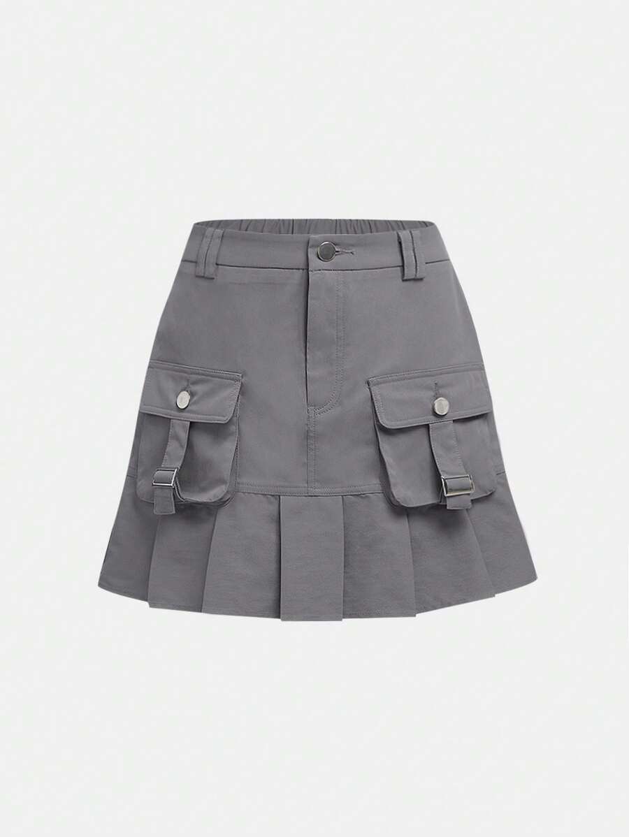 SHEIN Váy có túi xếp li viền váy cho cô gái tuổi teen - Màu Xám nhạt - Xem 1