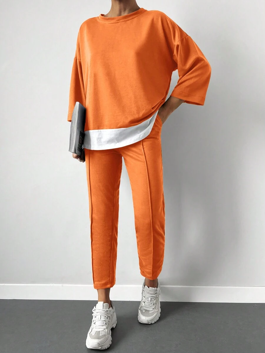 Cottnline Drop Shoulder 2 In 1 Tee & Seam Detail Sweatpants - Orange - View 1