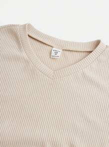 SHEIN Tween Girl Knitted Solid Color Loose Pleated Casual Dress With Round Neck - Khaki - View 3