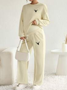 SHEIN Maternity Eagle Print Drop Shoulder Tee & Adjustable Waist Pants - Khaki - View 5