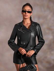 SHEIN BAE 西裝領PU皮革機車夾克 - 黑色 - 查看 6