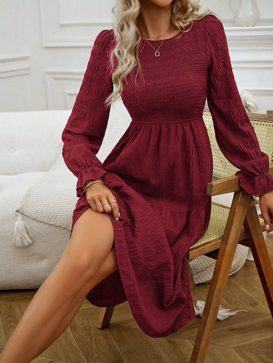 SHEIN LUNE Solid Flare Sleeve Ruffle Hem Dress - Burgundy - View 1