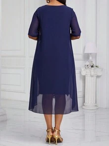 Plus Contrast Lace Asymmetrical Hem Dress - Navy Blue - View 2