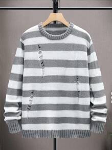Manfinity Hypemode 男士條紋破洞毛衣 - 淺灰色 - 查看 1
