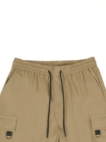 Manfinity Homme Loose Fit Men's Cargo Shorts With Flap Pocket And Drawstring Waist - Khaki - View 4